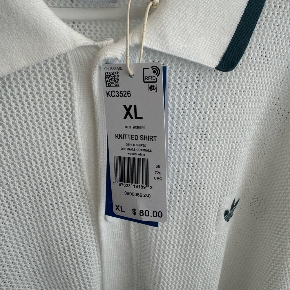 NWT Adidas Originals Knit Button-Down Shirt - White/Green - Size XL - Picture 6 of 6